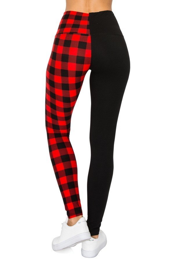 Spliced Black and Red Checkered Yoga Style Knit Leggings