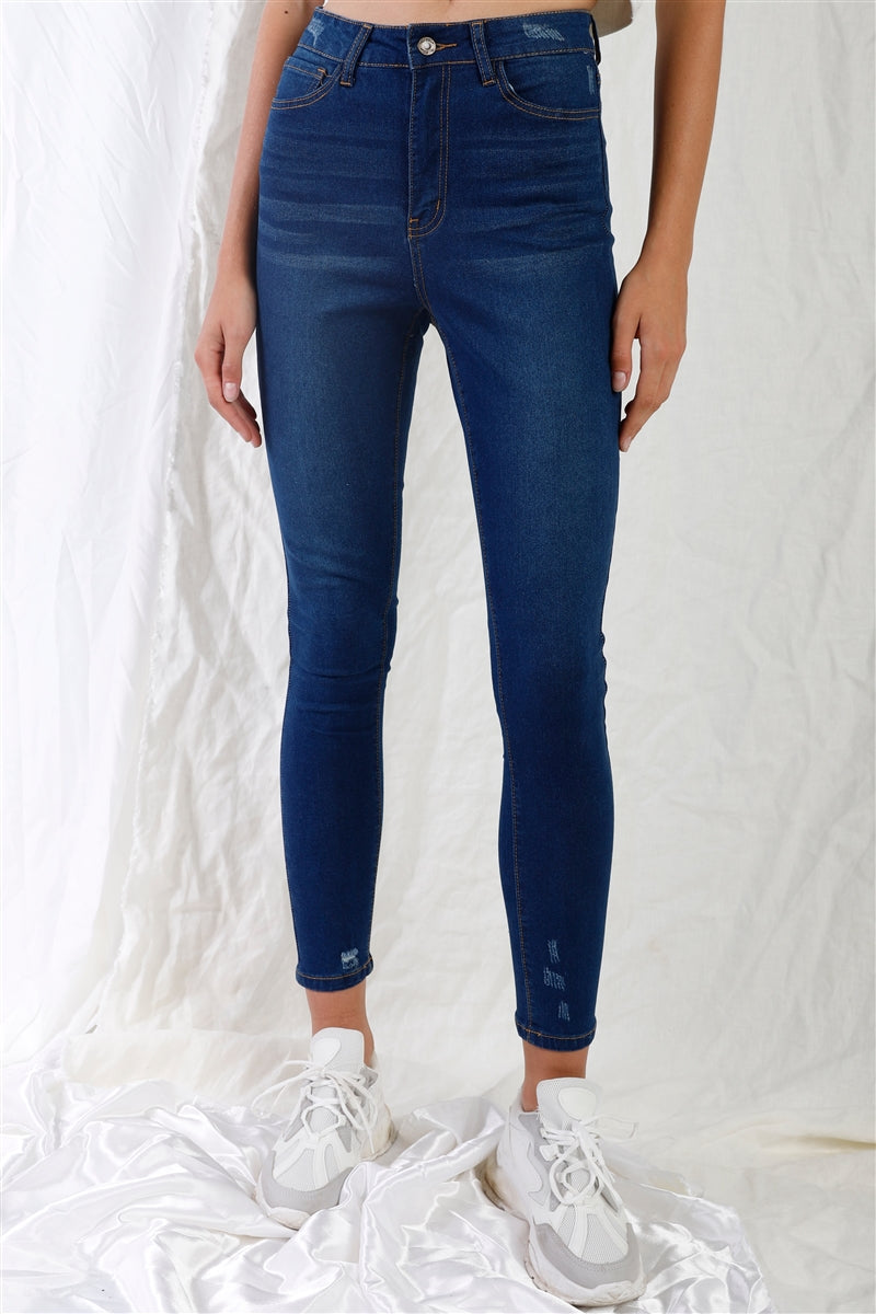 Dark Blue High-Waist With Rips Skinny Denim Jeans