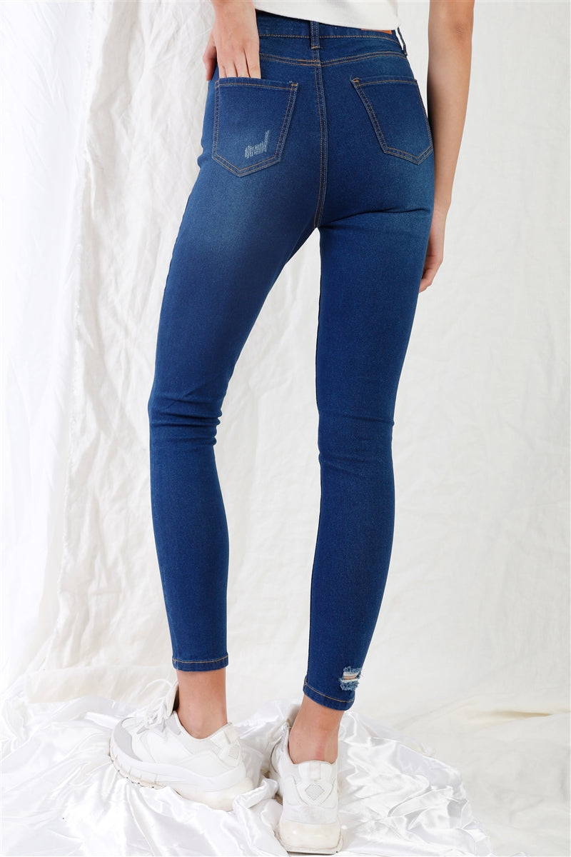 Dark Blue High-Waist With Rips Skinny Denim Jeans