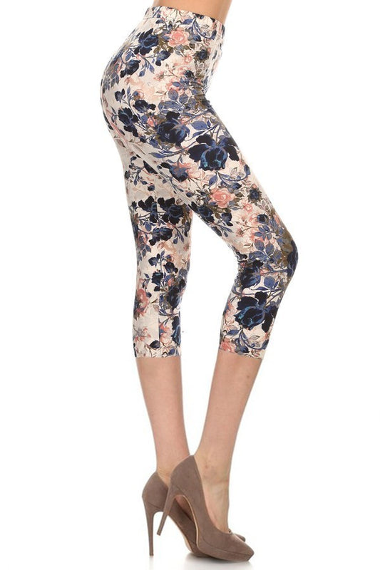 Floral Multi-color Print Cropped Fitted Capri Leggings