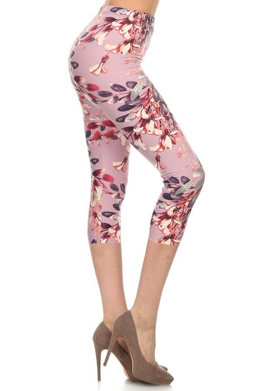 Leafy Yoga Style Print Knit Capri Leggings