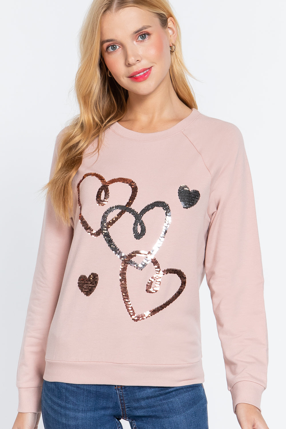 Pale Pink Sequins French Terry Pullover Top