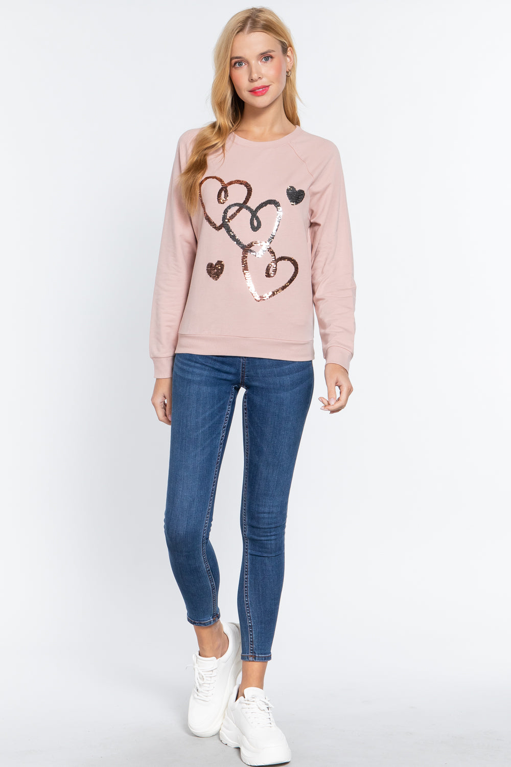 Pale Pink Sequins French Terry Pullover Top