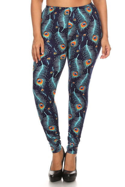 Plus Size Peacock Print Leggings