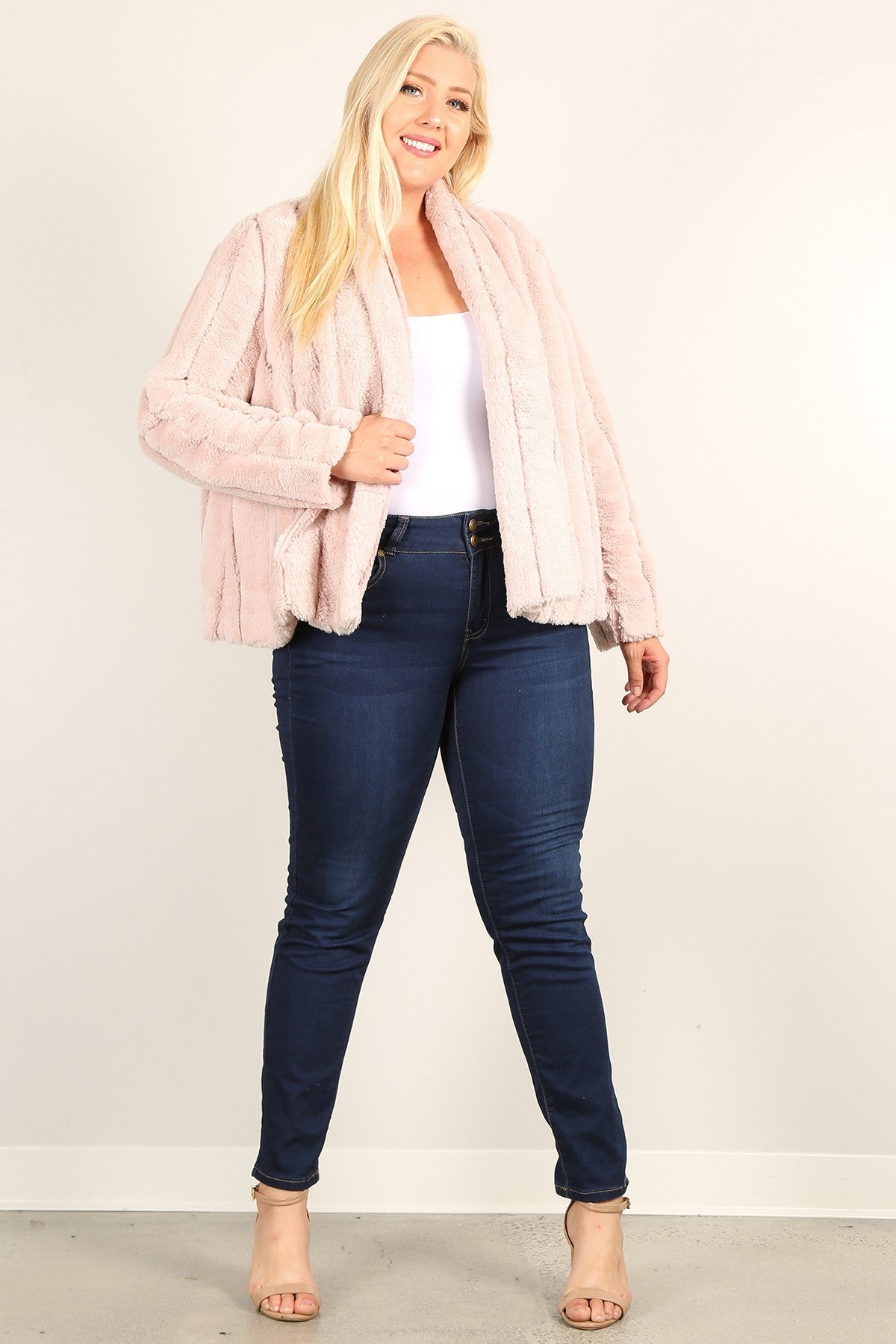 Blush Plus Size Faux Fur Jackets With Open Front And Loose Fit