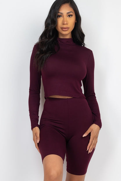 Wine Mock Neck Top & Biker Shorts Set