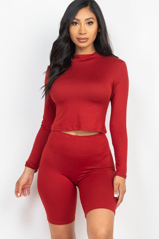 Red Mock Neck Top & Biker Shorts Set