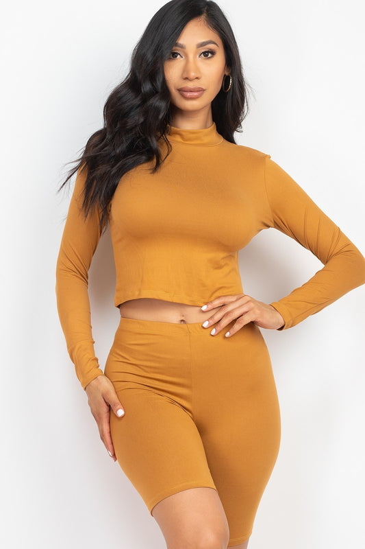 Brown Sugar Mock Neck Top & Biker Shorts Set