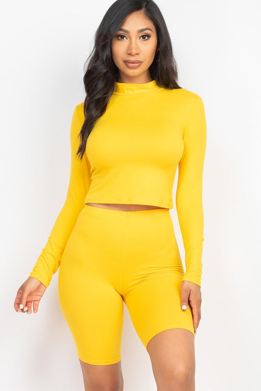 Daylily Yellow Mock Neck Top & Biker Shorts Set