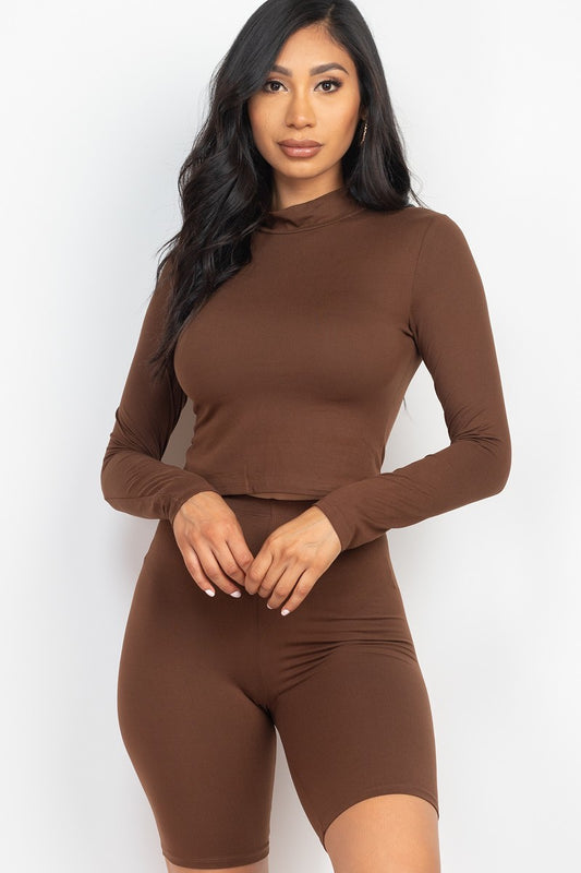 Downtown Brown Mock Neck Top & Biker Shorts Set