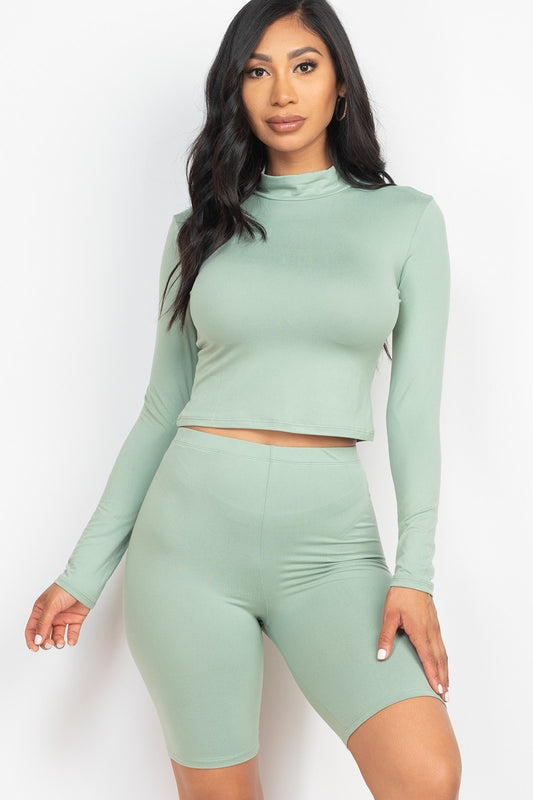 Green Bay Mock Neck Top & Biker Shorts Set