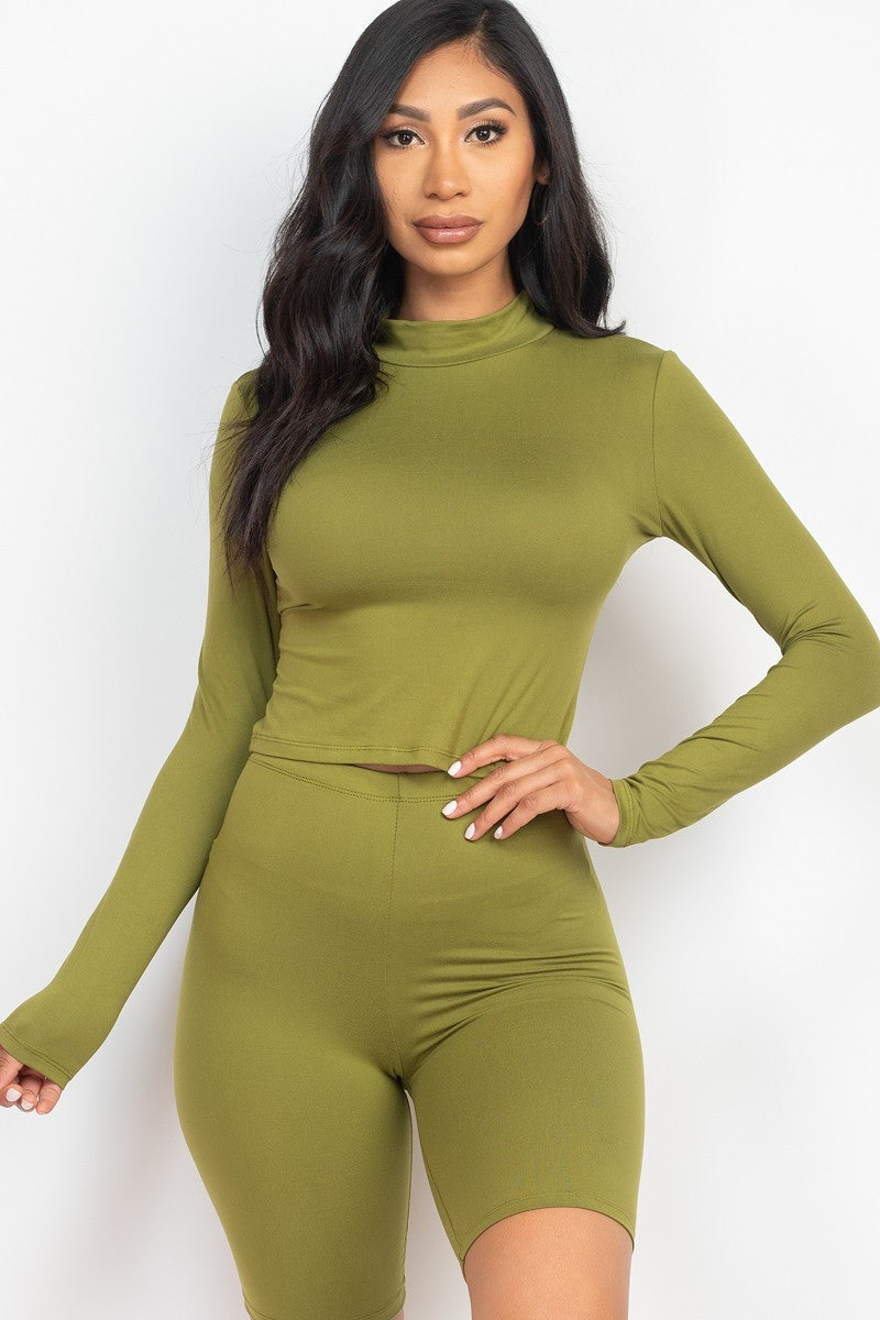 Olive Mock Neck Top & Biker Shorts Set