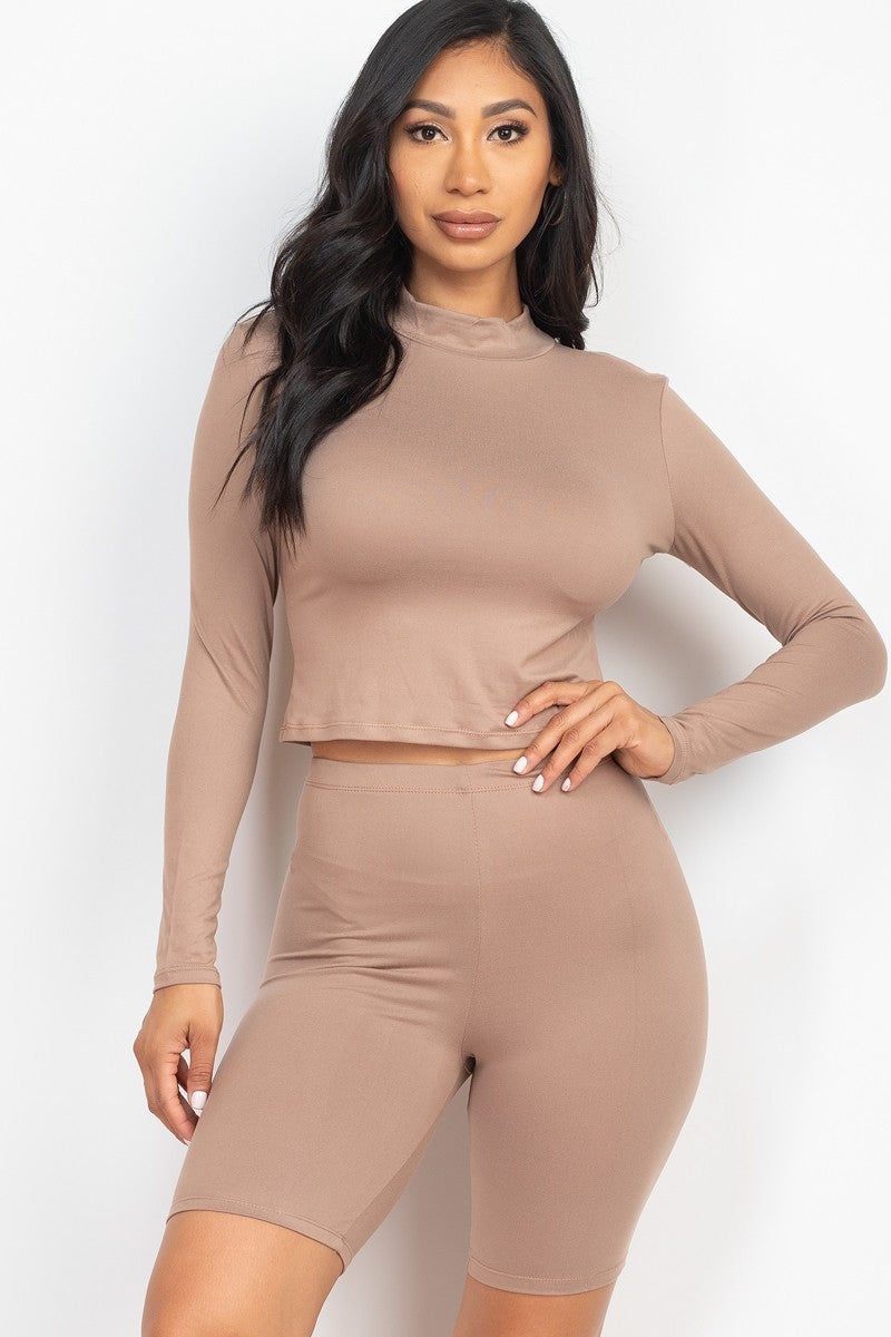 Taupe Grey Mock Neck Top & Biker Shorts Set