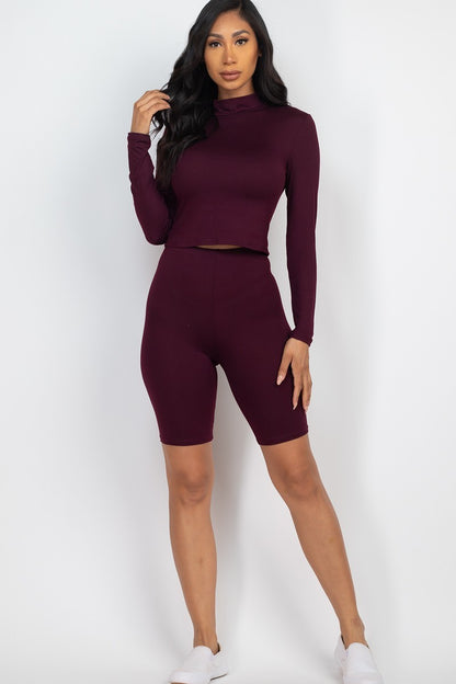 Wine Mock Neck Top & Biker Shorts Set