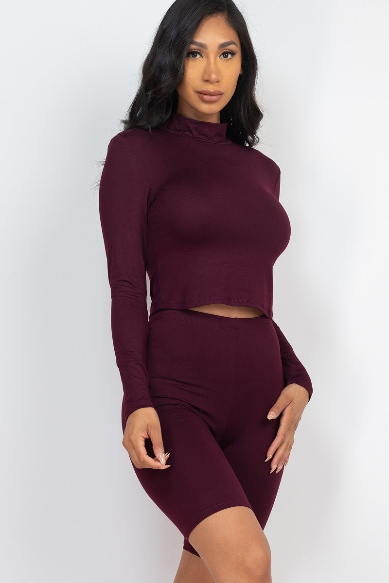 Wine Mock Neck Top & Biker Shorts Set