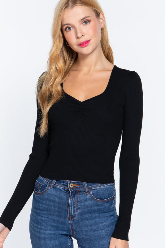 Black Shirring Sweetheart Neck Sweater