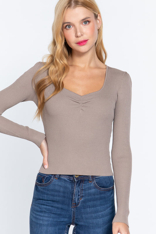 Mushroom Shirring Sweetheart Neck Sweater