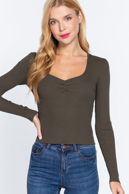 Olive Shirring Sweetheart Neck Sweater