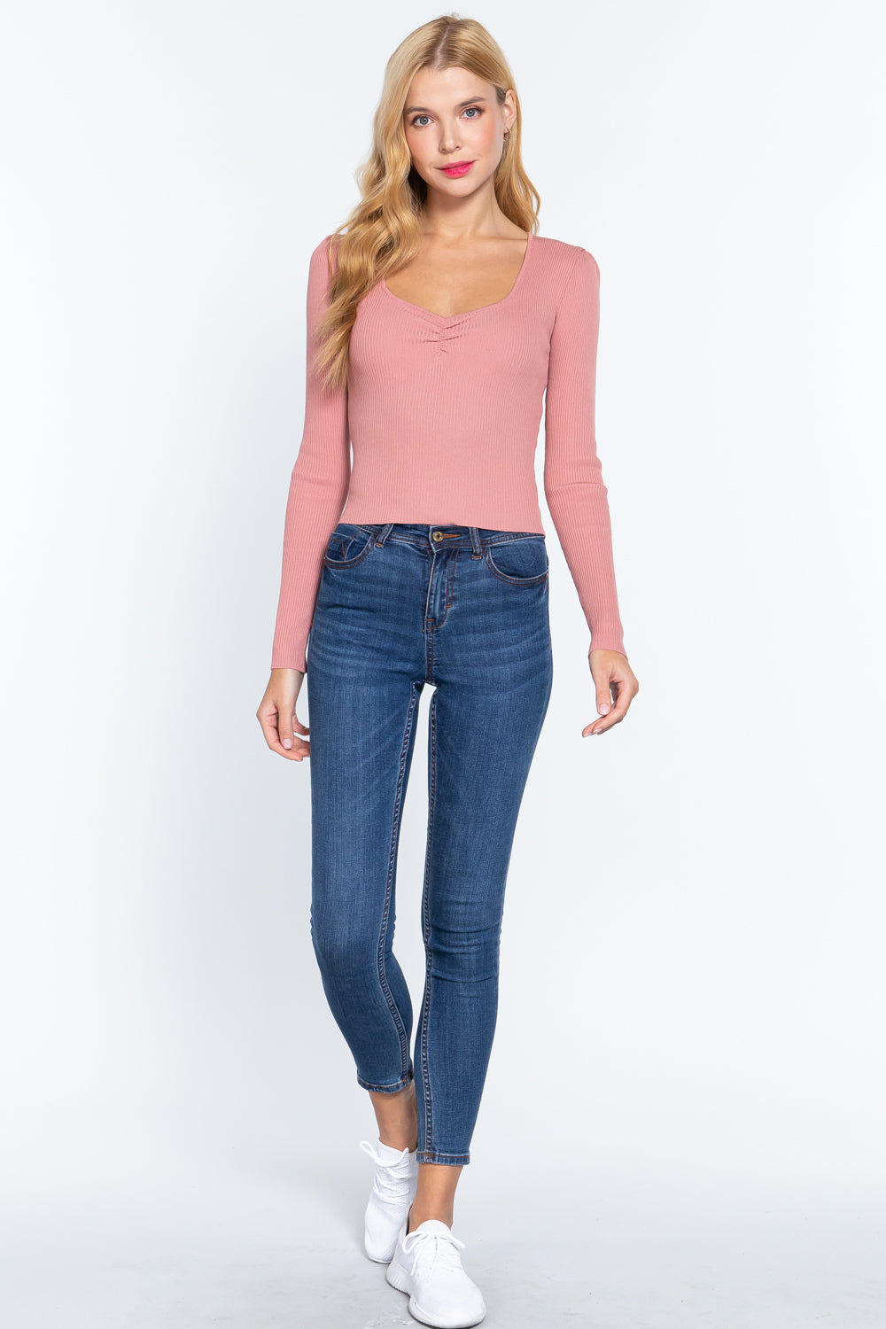 Pink Shirring Sweetheart Neck Sweater