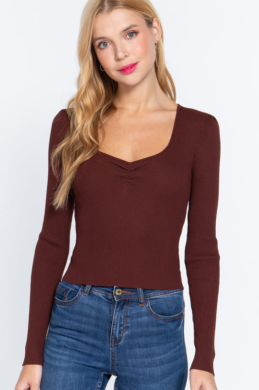 Reddish-Brown Shirring Sweetheart Neck Sweater