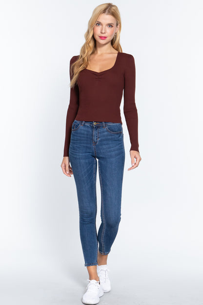 Reddish-Brown Shirring Sweetheart Neck Sweater