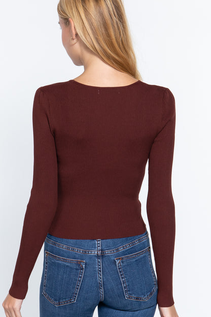 Reddish-Brown Shirring Sweetheart Neck Sweater