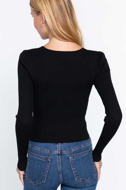 Black Shirring Sweetheart Neck Sweater