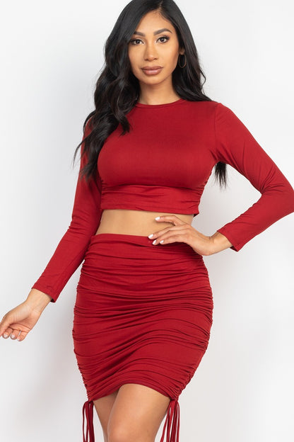 Wine Ruched Side Crop Top & Drawstring Skirt Set