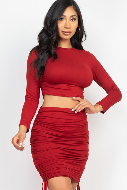 Wine Ruched Side Crop Top & Drawstring Skirt Set