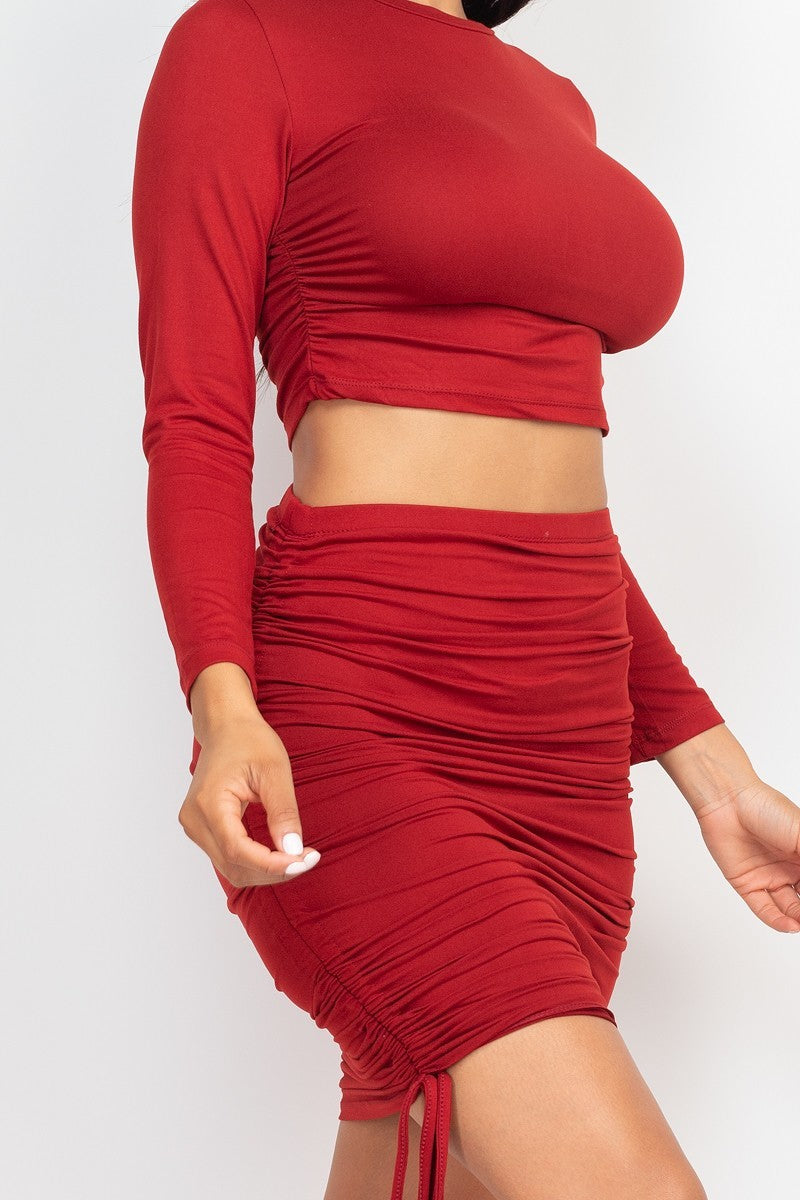 Wine Ruched Side Crop Top & Drawstring Skirt Set