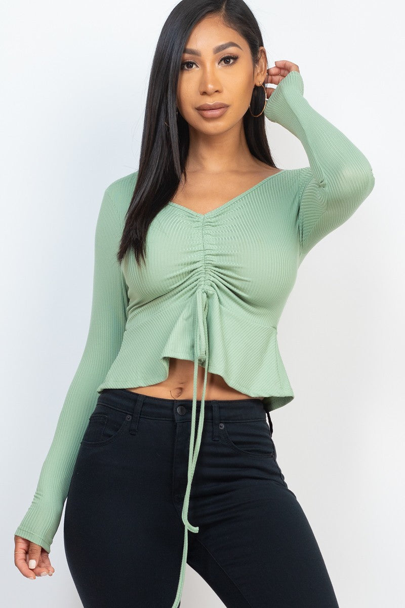 Green Bay Shade Ribbed Drawstring Front Long Sleeve Peplum Top