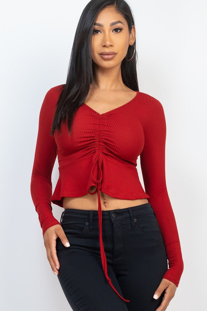 Wine Ribbed Drawstring Front Long Sleeve Peplum Top