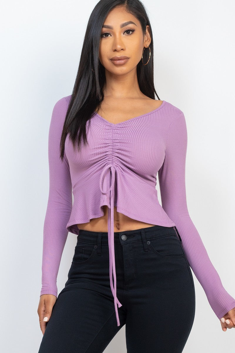 Orchid Ribbed Drawstring Front Long Sleeve Peplum Top