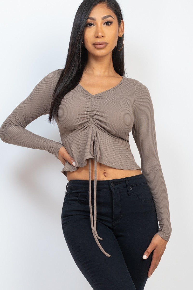 Taupe Ribbed Drawstring Front Long Sleeve Peplum Top