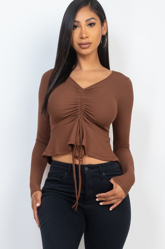 Downtown Brown Ribbed Drawstring Front Long Sleeve Peplum Top