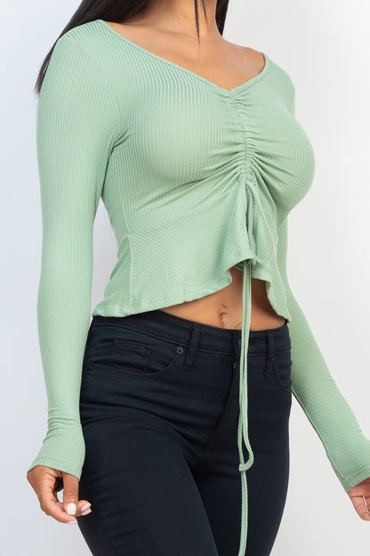 Green Bay Shade Ribbed Drawstring Front Long Sleeve Peplum Top