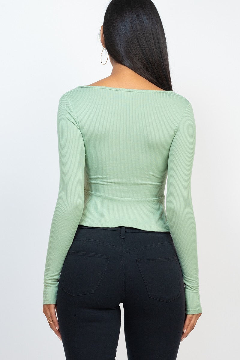 Green Bay Shade Ribbed Drawstring Front Long Sleeve Peplum Top