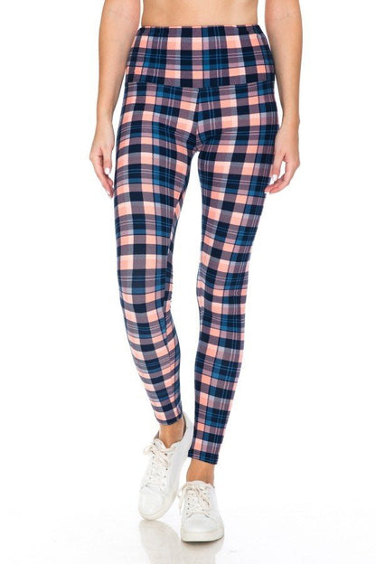 Plaid Print Yoga Style Knit Leggings