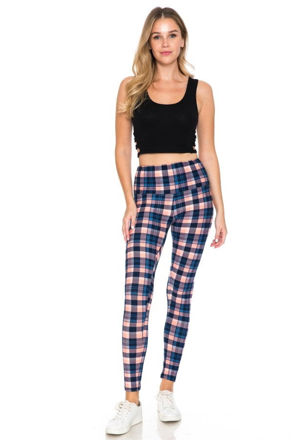 Plaid Print Yoga Style Knit Leggings