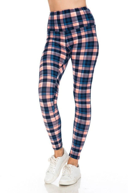 Plaid Print Yoga Style Knit Leggings