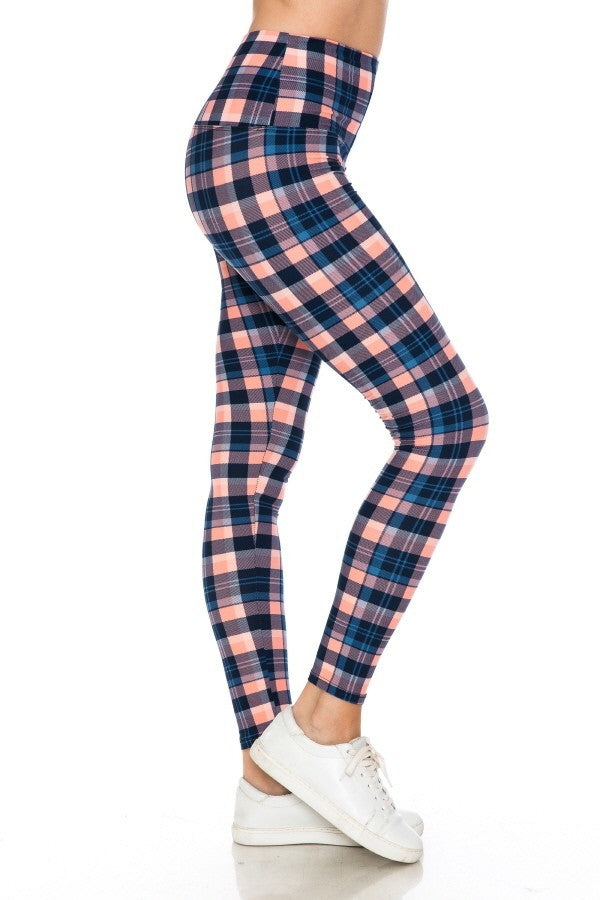 Plaid Print Yoga Style Knit Leggings