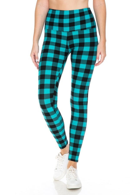 Blue Plaid Print Yoga Style Knit Leggings