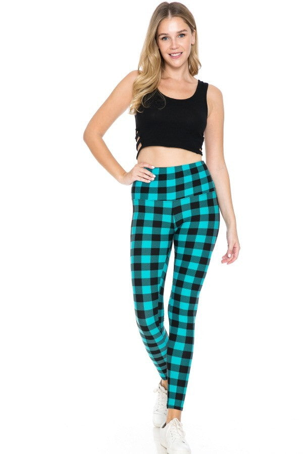 Blue Plaid Print Yoga Style Knit Leggings