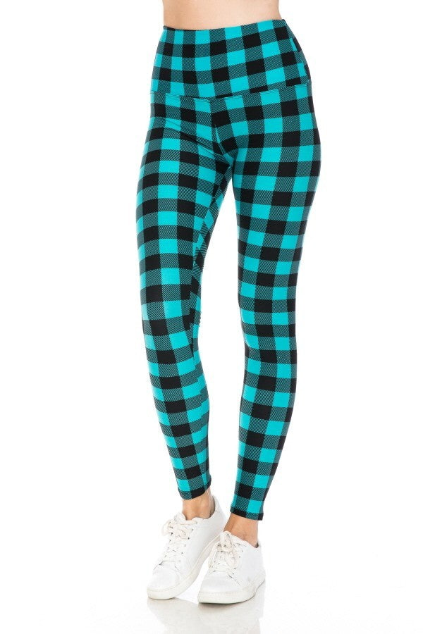 Blue Plaid Print Yoga Style Knit Leggings