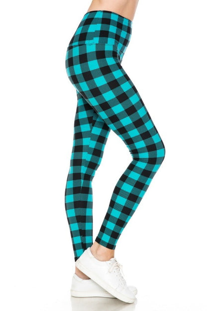 Blue Plaid Print Yoga Style Knit Leggings