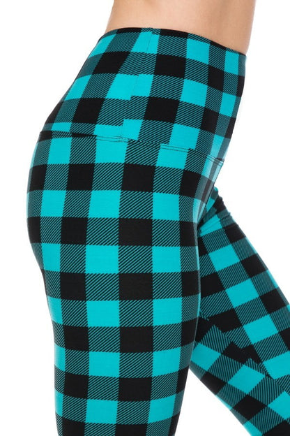 Blue Plaid Print Yoga Style Knit Leggings