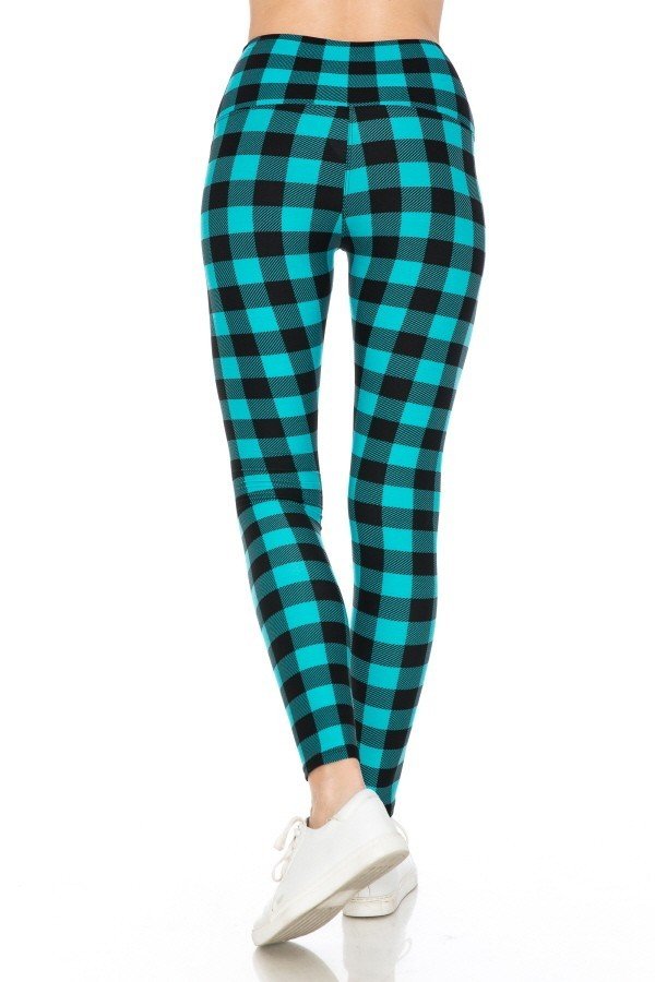 Blue Plaid Print Yoga Style Knit Leggings