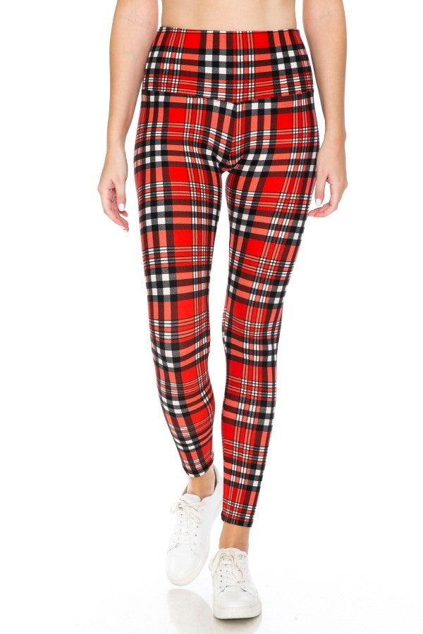 Red White Black Plaid Print Yoga Style Knit Leggings