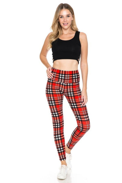 Red White Black Plaid Print Yoga Style Knit Leggings