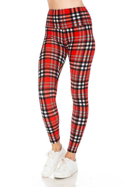 Red White Black Plaid Print Yoga Style Knit Leggings